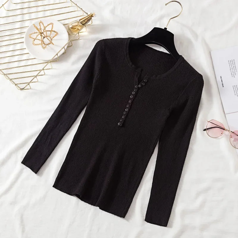 Autumn Winter Button V Neck Sweater Women Basic Slim Pullover Women