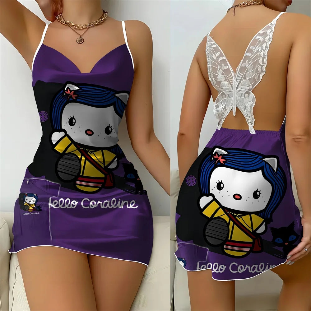 Hello Kitty Cartoon Pattern Style Women's Pajama 2024 New Summer Back Butterfly Cutout Design Lace Sexy Women's Sleeping Dress