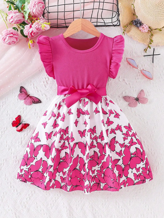 Girls' Butterfly Print Spliced Solid Color