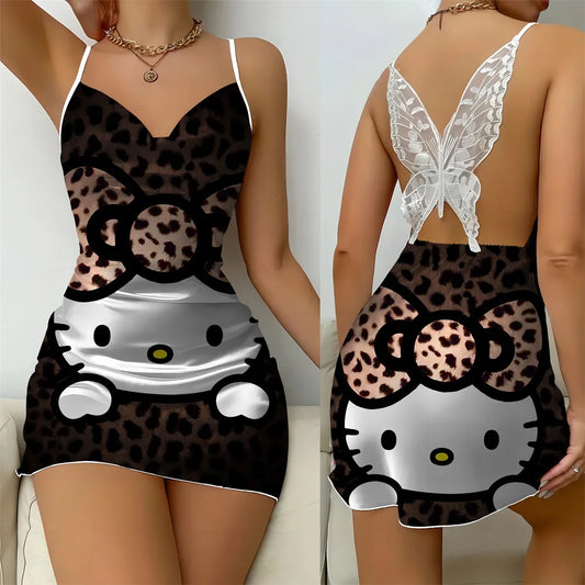Hello Kitty Cartoon Pattern Style Women's Pajama 2024 New Summer Back Butterfly Cutout Design Lace Sexy Women's Sleeping Dress