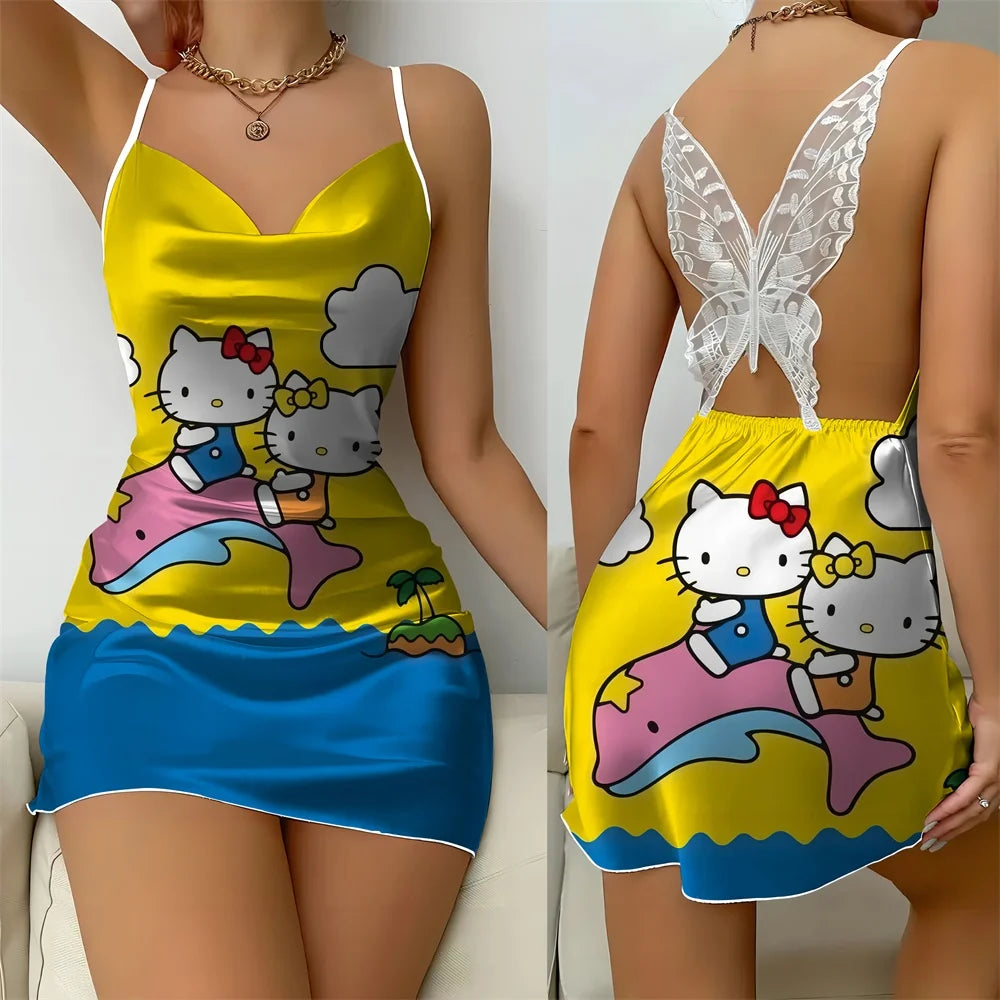 Hello Kitty Cartoon Pattern Style Women's Pajama 2024 New Summer Back Butterfly Cutout Design Lace Sexy Women's Sleeping Dress