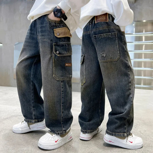 Boys' Jeans Version of Boys Wide Leg Pants Side Pockets Denim Cargo Pants