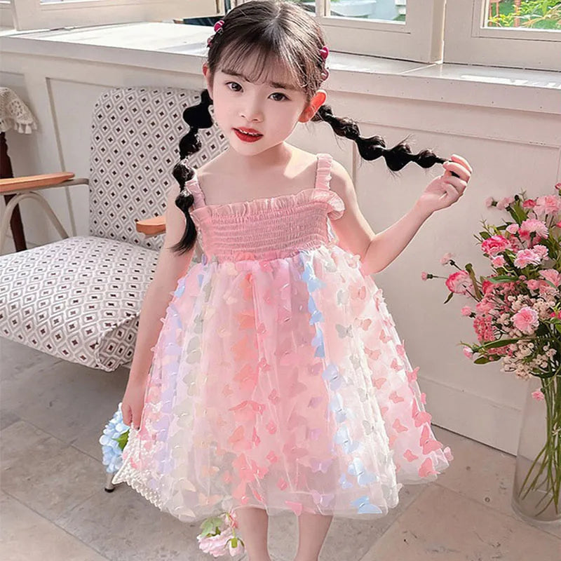 Gauze Cotton Sling Dress Big Butterfly Decoration Kids