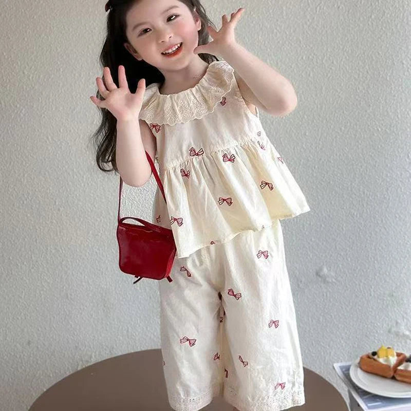 Summer Girls Clothing Set Solid Color Full Print Bow Sleeveless T-shirt+Pants 2Pcs Sweet Suit For 2-8 Years Casual Outfi