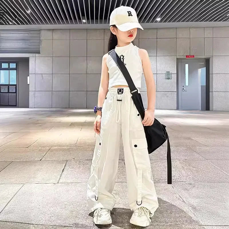 Stylish Loose-fit Women's Cargo Pants For Kids Summer 2024 New Arrival Hip Hop Street Dance Trousers Bell Bottoms For Children