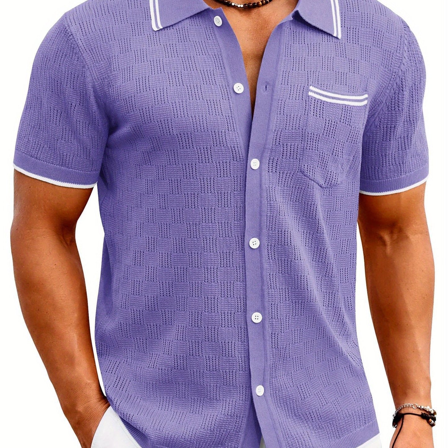 ELESOL Men'S Knit Button Shirt Vintage Polo Shirts Short Sleeve Summer Beach Shirts S-XXXL