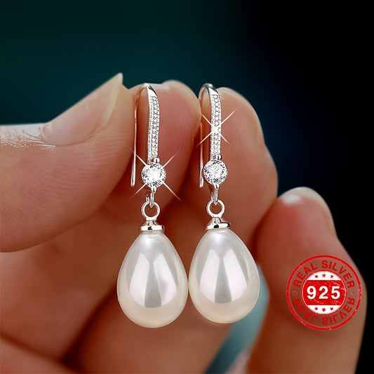 [Golden Pearl Earrings] 18K Golden Plated 925 Sterling Silver Elegant Pearl Drop Earrings, Hypoallergenic Long Dangle,