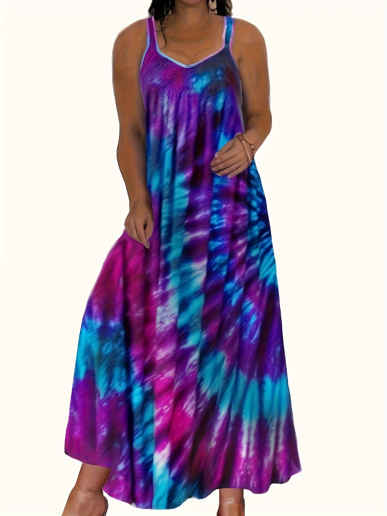 Plus Size Tie Dye Print Ruched Tank Dress, Casual Sleeveless Dress For Spring & Summer, Women's Plus Size Clothing