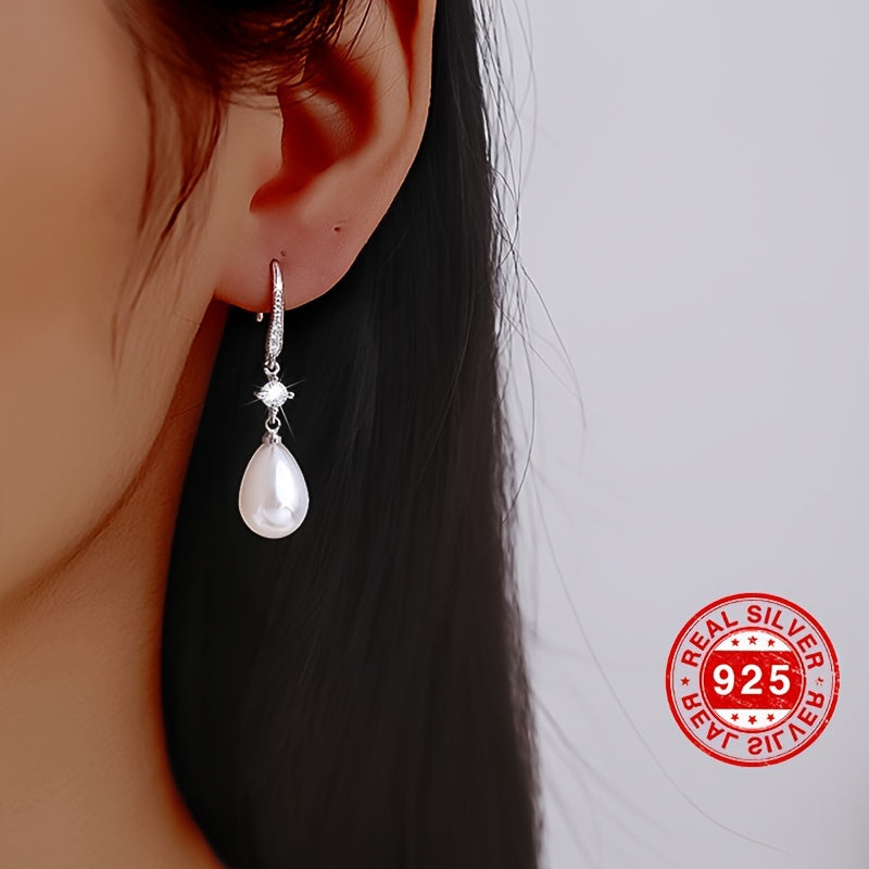 [Golden Pearl Earrings] 18K Golden Plated 925 Sterling Silver Elegant Pearl Drop Earrings, Hypoallergenic Long Dangle,