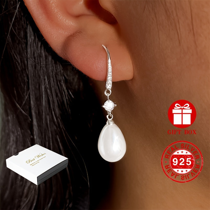 [Golden Pearl Earrings] 18K Golden Plated 925 Sterling Silver Elegant Pearl Drop Earrings, Hypoallergenic Long Dangle,