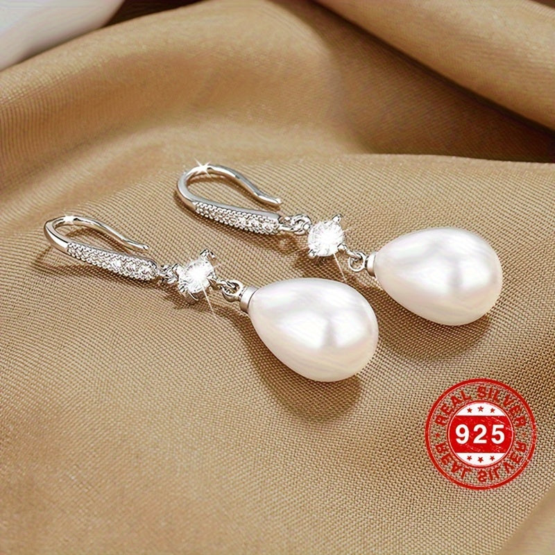 [Golden Pearl Earrings] 18K Golden Plated 925 Sterling Silver Elegant Pearl Drop Earrings, Hypoallergenic Long Dangle,