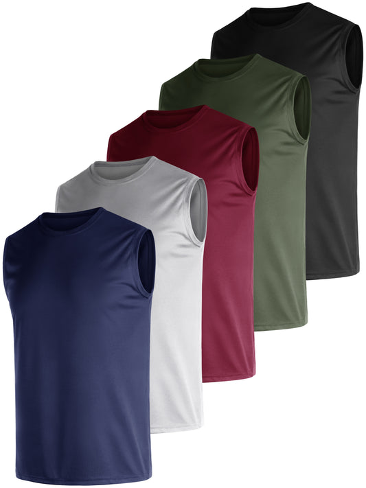 5-Pack Men Polyester Knit Crew Neck Sleeveless Shirts, High Stretch Workout & Daily Wear, Sizes XL to 5XL, Plus Size