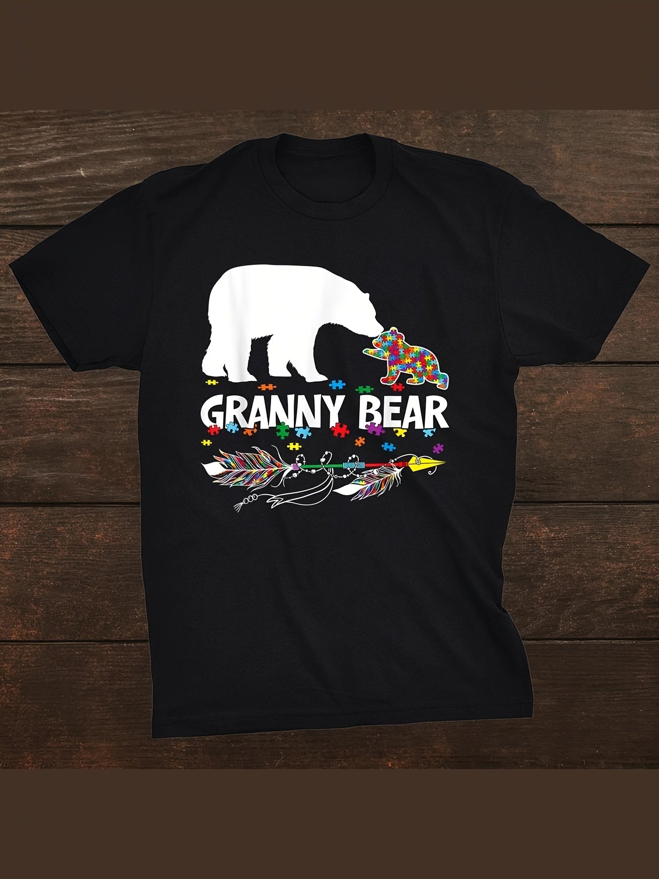 Granny Bear Autism Awareness Men's T-Shirt - 100% Cotton, Casual Crew Neck, Short Sleeve, Machine Washable