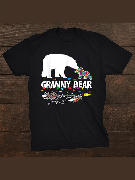 Granny Bear Autism Awareness Men's T-Shirt - 100% Cotton, Casual Crew Neck, Short Sleeve, Machine Washable