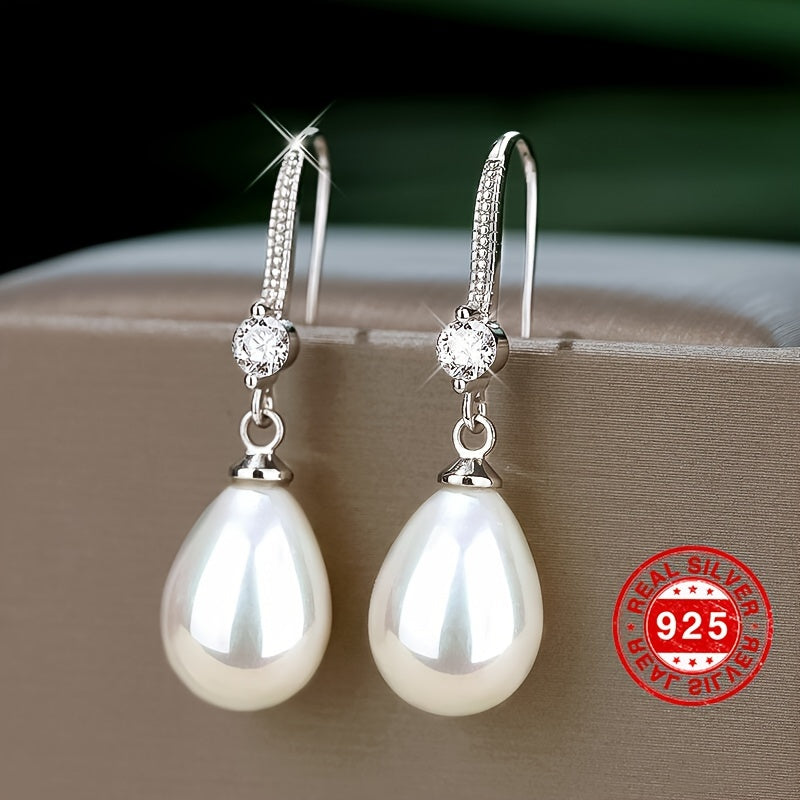 [Golden Pearl Earrings] 18K Golden Plated 925 Sterling Silver Elegant Pearl Drop Earrings, Hypoallergenic Long Dangle,