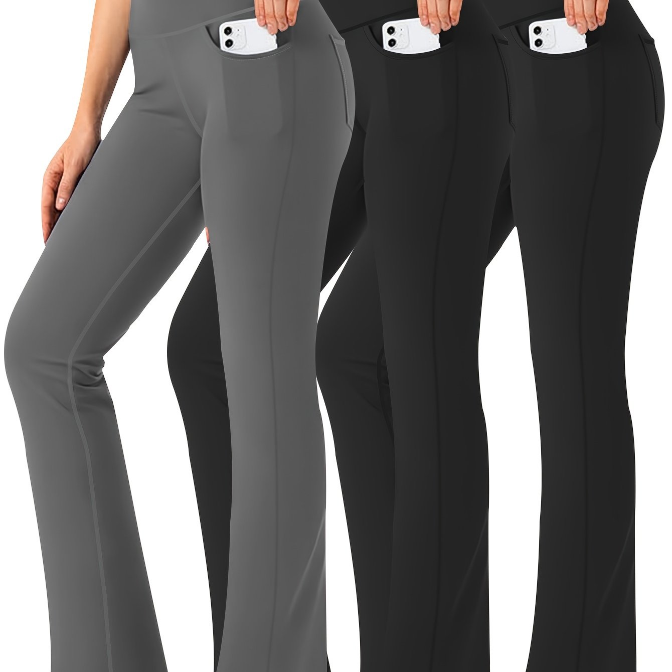 Three-piece Body-hugging Bell-bottoms For Plus-size Sports, Stretch Yoga Pants For Pocket, And Yoga Pants For Casual Wear